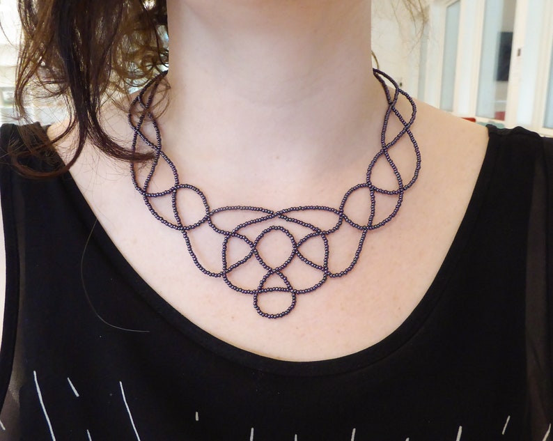 Purple metallic lace bib necklace. Silver plated clasp & chain. Beaded Collar necklace, Beadwork necklace, Free form necklace image 3