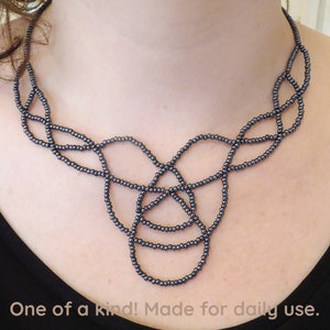 Grey metallic lace bib necklace. Silverplated clasp & chain. Beaded Collar necklace, Beadwork seed beads necklace, Free form necklace image 1
