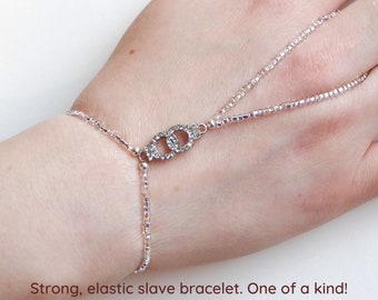Nickel free handcuffs with rhinestones. Silver plated metal beads. Elastic slave bracelet. Hand jewelry. Ring bracelet. Hand bracelet.