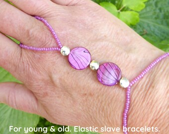 Cerise mother of pearl. Silver plated beads. Elastic slave bracelet. Beaded Bracelet ring. Finger bracelet. Ring bracelet. Hand chain ring.