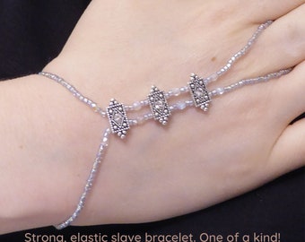 Crystal prism, silver plated Swarovski details. Elastic slave bracelet. Beaded Bracelet ring. Hand jewellery. Finger bracelet. Hand chain.