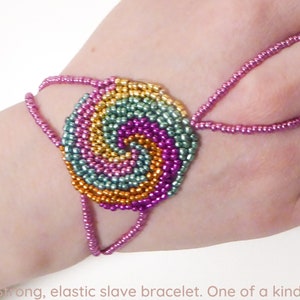 Spiral beadwork. Elastic slave bracelet. Different metallic irregular seed beads. Beaded hand finger jewelry. Hand jewelry. Ring bracelet. image 1