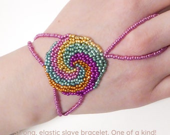 Spiral beadwork. Elastic slave bracelet. Different metallic irregular seed beads. Beaded hand finger jewelry. Hand jewelry. Ring bracelet.