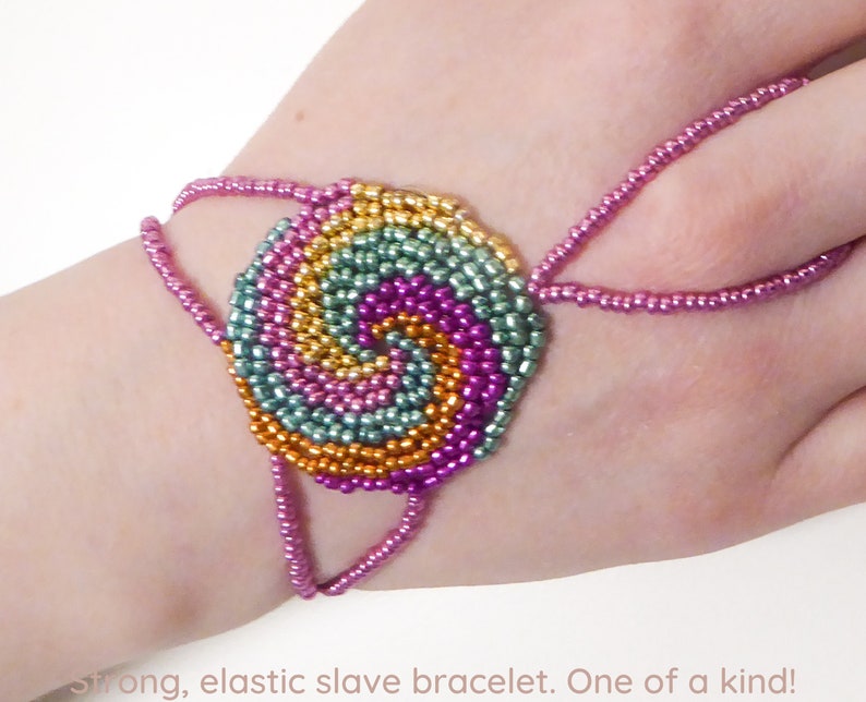 Spiral beadwork. Elastic slave bracelet. Different metallic irregular seed beads. Beaded hand finger jewelry. Hand jewelry. Ring bracelet. image 1