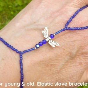 Silver plated Dragonfly. Blue elastic animal slave bracelet. Beaded Hand finger jewelry. Finger bracelet. Hand bracelet. Hand chain ring.