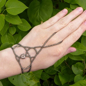 Silver window heart bead. Elastic slave bracelet. Beaded stretchy bracelets ring. Finger bracelet. Hand jewelry. Hand chain. Ring bracelet. image 3