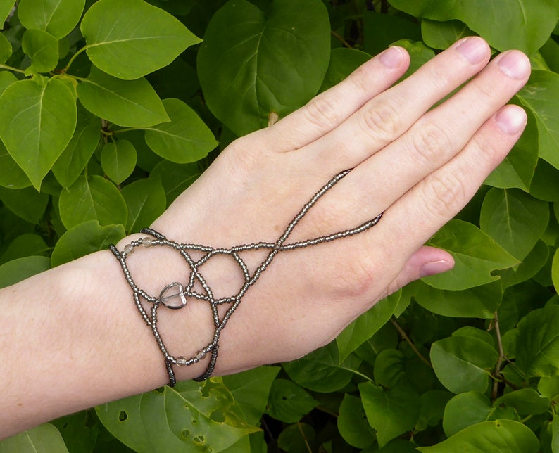 Silver window heart bead. Elastic slave bracelet. Beaded stretchy bracelets ring. Finger bracelet. Hand jewelry. Hand chain. Ring bracelet. image 3