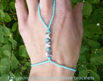 Natural Turquoise & Cats in nickel free silver metal. Elastic gemstone animal slave bracelet. Crystal bracelets ring. Semi precious stone.