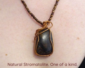 Natural STROMATOLITE fossil crystal. Copper wire Gemstone necklace. Crystal collar. Semi precious stone bib. Beadwork statement necklace