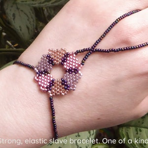 Beadwork flower with different metallic delica beads. Elastic slave bracelet. Gold plated metallic delica beads. Ring bracelet. image 1