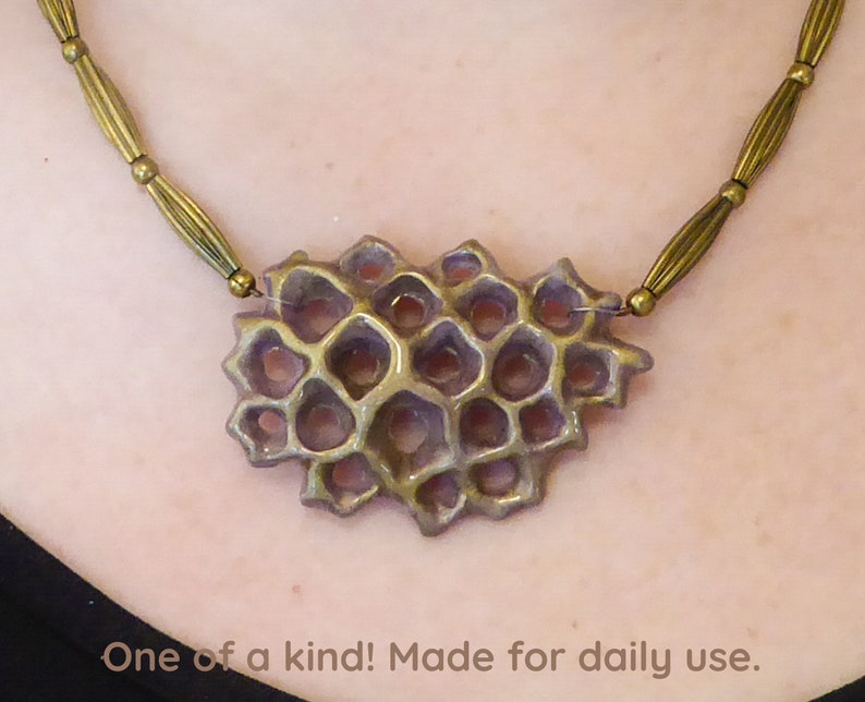 Bronze purple polymer clay 3D net. A thin coat of shiny resin. Nickel free bronze metal beads. Nickel free bronze colored clasp and chain. image 1