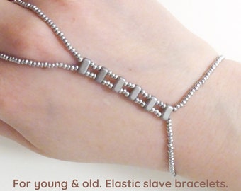 Silver pearl brick beads.  Elastic slave bracelet. Beaded Hand finger jewelry. Finger bracelet. Hand jewelry. Ring bracelet Hand bracelet