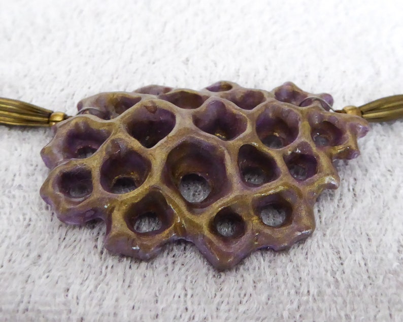 Bronze purple polymer clay 3D net. A thin coat of shiny resin. Nickel free bronze metal beads. Nickel free bronze colored clasp and chain. image 3