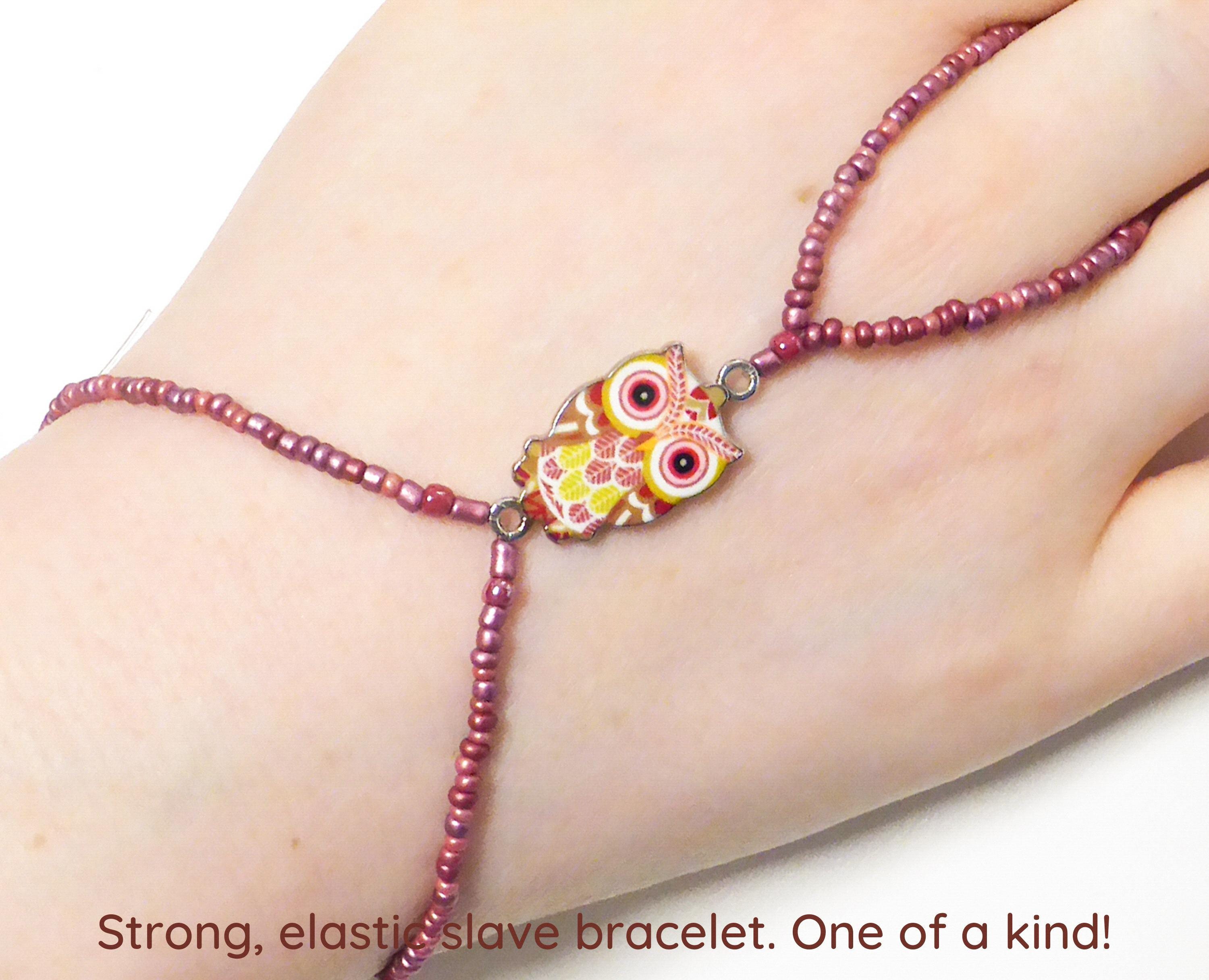 Cute pink green nickel free silver enamel owl. Pink matte metallic elastic animal slave bracelet. St