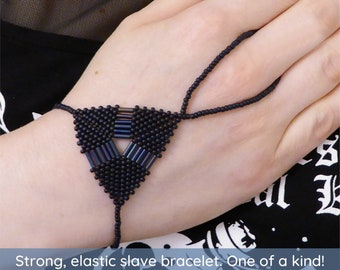 Blue metallic frost elastic slave bracelet. Beaded Hand finger jewelry. Beadwork finger bracelet. Hand jewelry. Ring bracelet. Hand bracelet