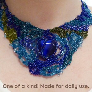 Big blue glass heart. Free form statement necklace. Various glass beads in blue turquoise & green. Collar, beaded, beadwork image 1