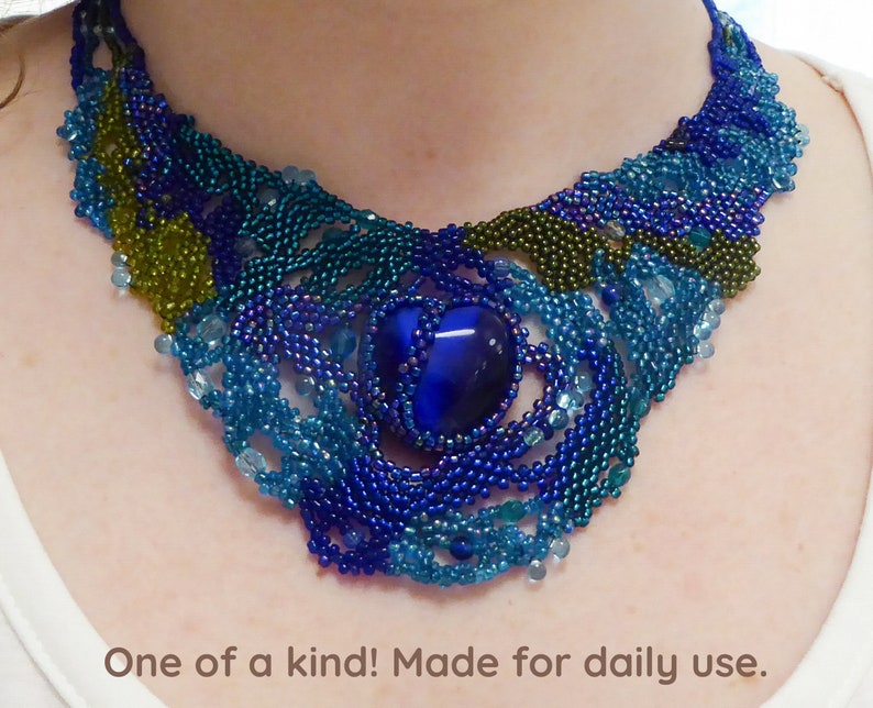 Big blue glass heart. Free form statement necklace. Various glass beads in blue turquoise & green. Collar, beaded, beadwork image 1