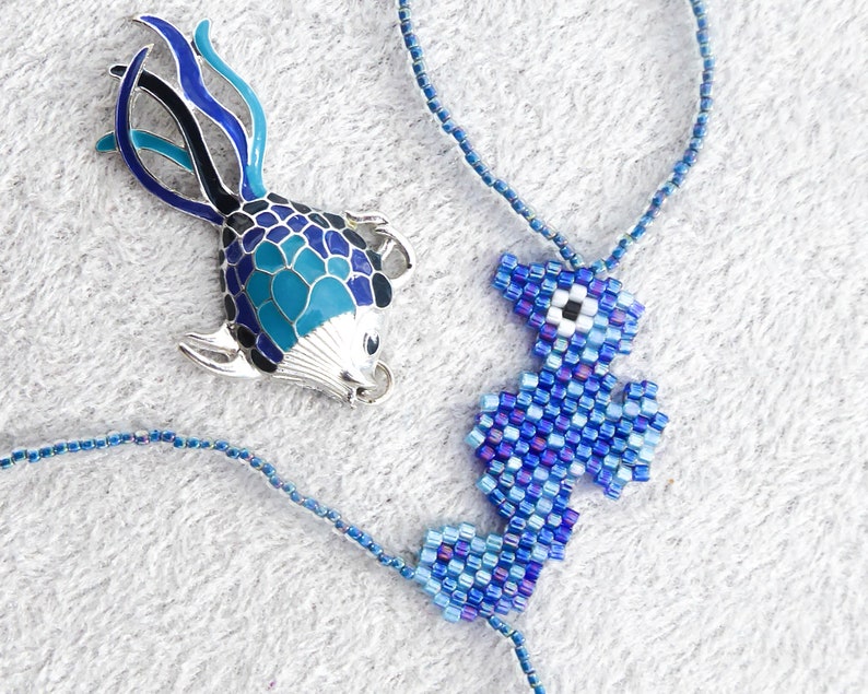 Cute Seahorse beadwork with blue rainbow and turquoise delica beads. Elastic animal slave bracelet. Beaded Finger bracelet. Hand jewelry. image 2