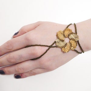 Flower beadwork with different gold iris metallic delica beads. Elastic slave bracelet. Gold plated metallic delica beads. Ring bracelet. image 3