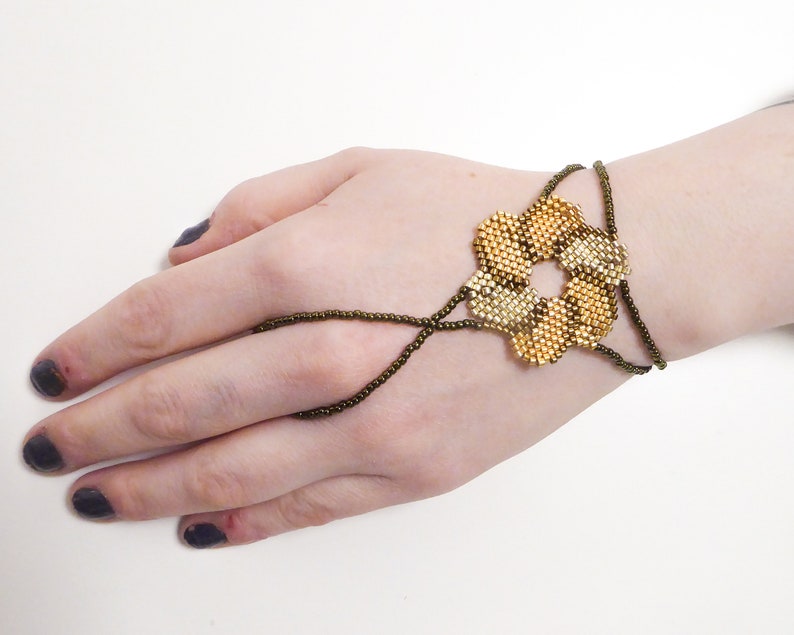 Flower beadwork with different gold iris metallic delica beads. Elastic slave bracelet. Gold plated metallic delica beads. Ring bracelet. image 3