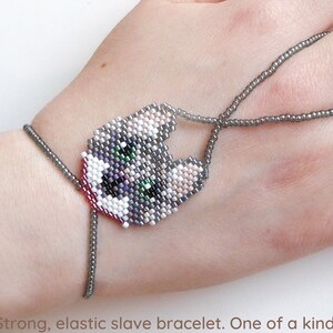 Cute Cat beadwork with different gray delica beads. Elastic animal slave bracelet. Beaded Finger bracelet. Hand jewelry. Hand bracelet. image 1