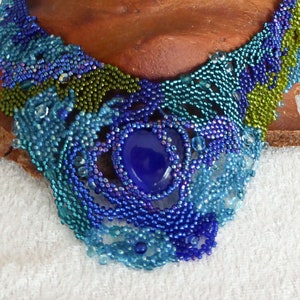 Big blue glass heart. Free form statement necklace. Various glass beads in blue turquoise & green. Collar, beaded, beadwork image 2