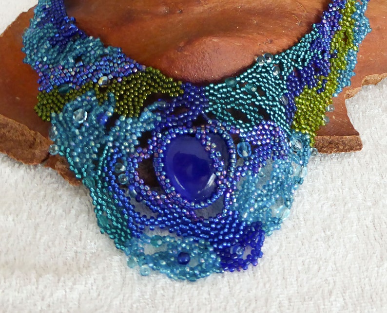 Big blue glass heart. Free form statement necklace. Various glass beads in blue turquoise & green. Collar, beaded, beadwork image 2