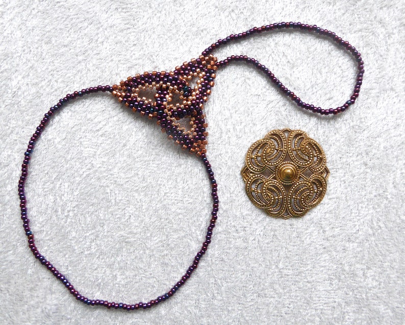 Purple gold metallic Celtic knot beadwork. Elastic slave bracelet. Bright copper plated delica beads. Beaded finger bracelet. Ring bracelet. image 4