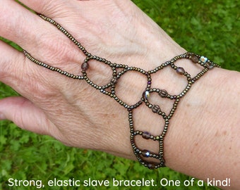 Brown metallic elastic slave bracelet. Beaded Hand finger jewelry. Finger bracelet. Hand jewelry. Ring bracelet. Hand bracelet. Hand chain.