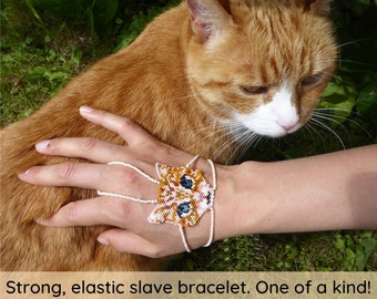 CAT. Elastic animal slave bracelet. Beaded Bracelet ring. Beadwork Hand jewellery. Finger bracelet. Ring bracelet. Hand chain ring.