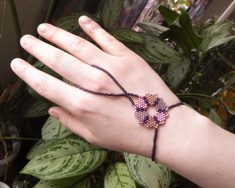 Beadwork flower with different metallic delica beads. Elastic slave bracelet. Gold plated metallic delica beads. Ring bracelet. image 3
