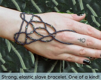 Gray metallic elastic slave bracelet. Beaded Hand finger jewelry. Finger bracelet. Hand jewelry. Ring bracelet. Hand bracelet. Hand chain.