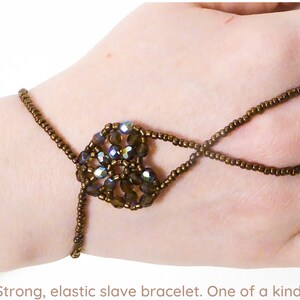 Brown half coated rainbow faceted heart. Elastic slave bracelet. Coffe brown metallic seed beads. Ring bracelet. Hand jewelry Finger jewelry image 1