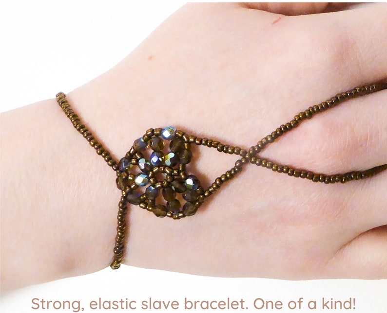 Brown half coated rainbow faceted heart. Elastic slave bracelet. Coffe brown metallic seed beads. Ring bracelet. Hand jewelry Finger jewelry image 1