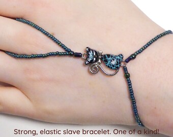 Cute turquoise nickel free enamel Cat. Indigo metallic elastic animal slave bracelet. Beaded bracelets ring. Ring bracelet. Hand jewelry.