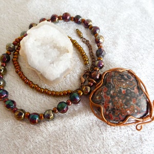 Natural big Leopard Skin Jasper heart, pendant necklace. Copper wire. Soft faceted rainbow metallic glass beads. Copper colored seed beads. image 6