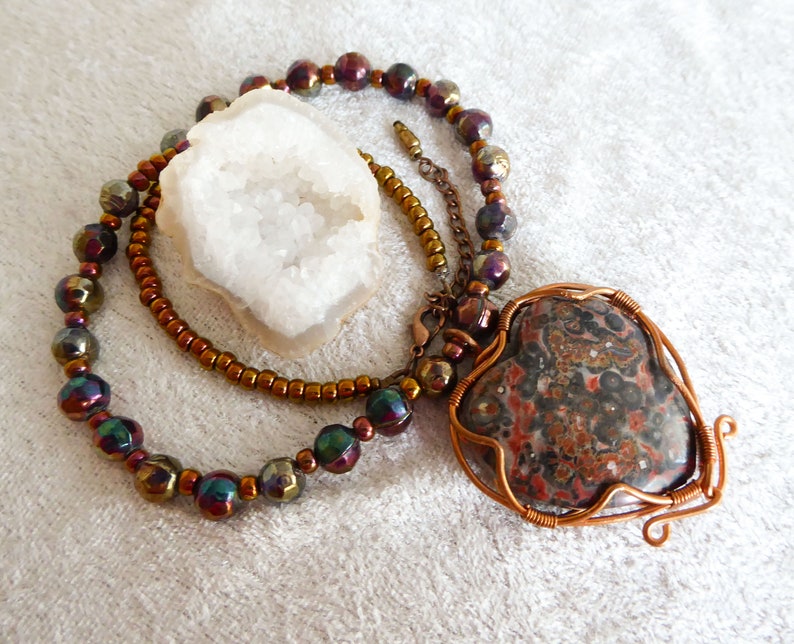 Natural big Leopard Skin Jasper heart, pendant necklace. Copper wire. Soft faceted rainbow metallic glass beads. Copper colored seed beads. image 6