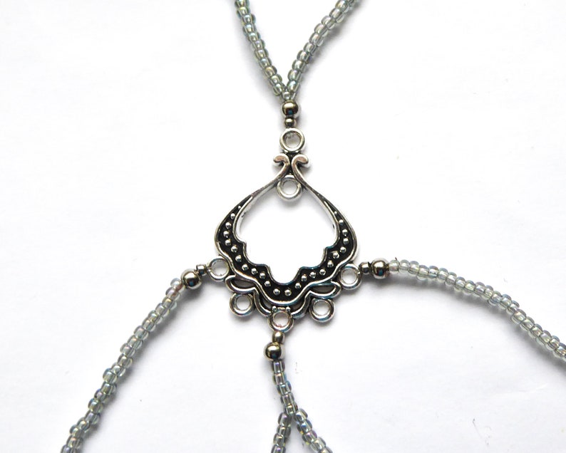 Nickel free silver metal jewelry detail. Elastic slave bracelet. Transp black diamond seed beads. Beaded bracelets ring. Finger bracelet. image 6