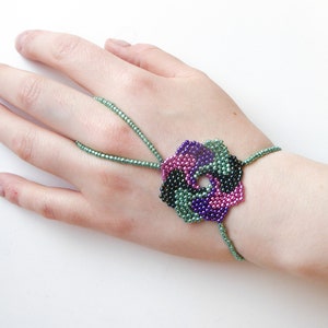 Beadwork flower with different metallic seed beads. Elastic slave bracelet. Gold plated metallic delica beads. Ring bracelet. image 3