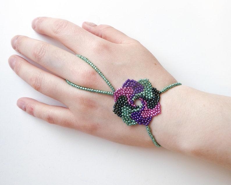 Beadwork flower with different metallic seed beads. Elastic slave bracelet. Gold plated metallic delica beads. Ring bracelet. image 3