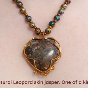 Natural big Leopard Skin Jasper heart, pendant necklace. Copper wire. Soft faceted rainbow metallic glass beads. Copper colored seed beads. image 1