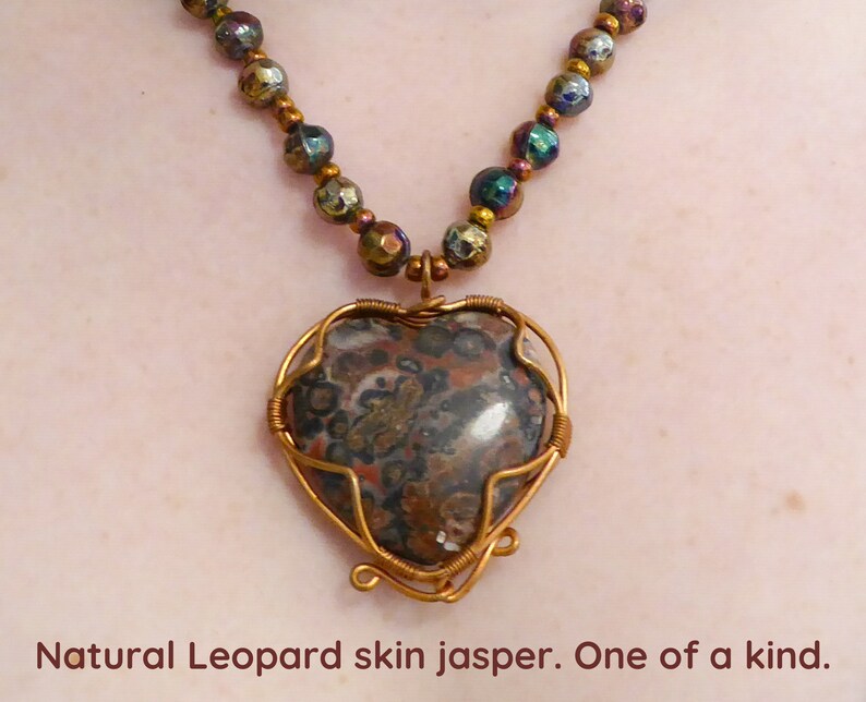 Natural big Leopard Skin Jasper heart, pendant necklace. Copper wire. Soft faceted rainbow metallic glass beads. Copper colored seed beads. image 1