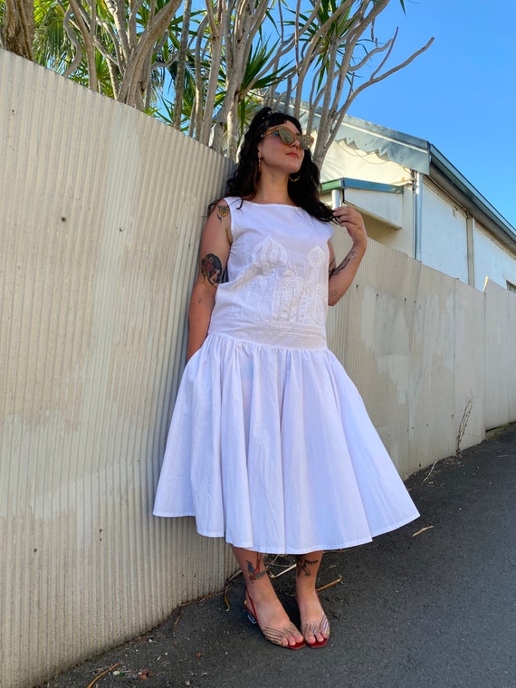 80s White Drop Waist Cotton Dress With Embroidered With Arabian