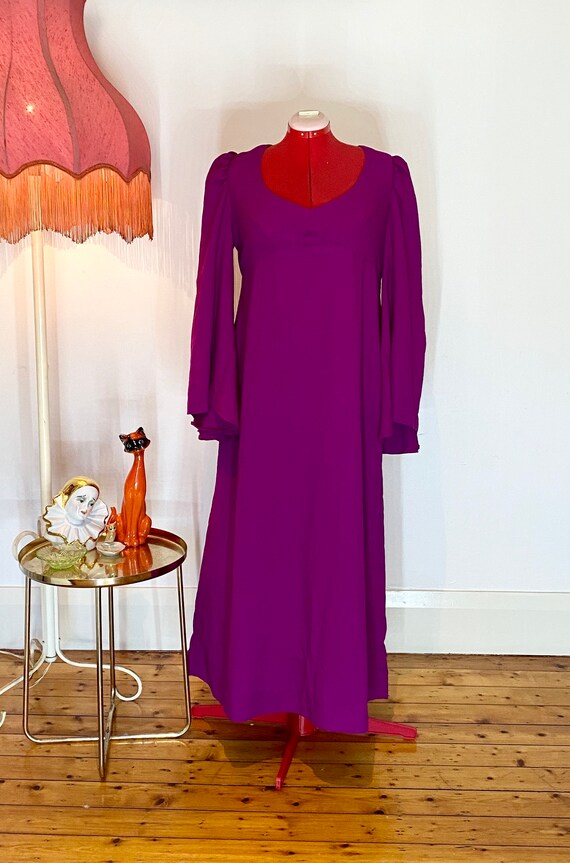 70s purple maxi dress with bell sleeves