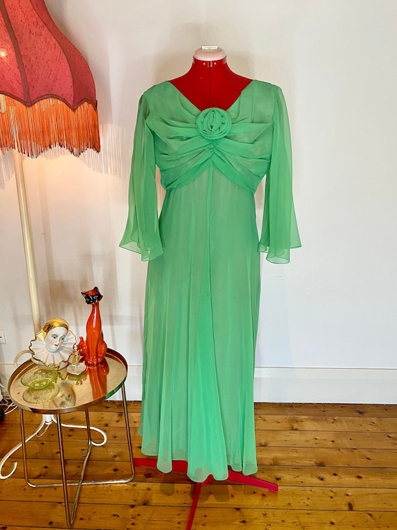 70s sheer green dress with rose detail