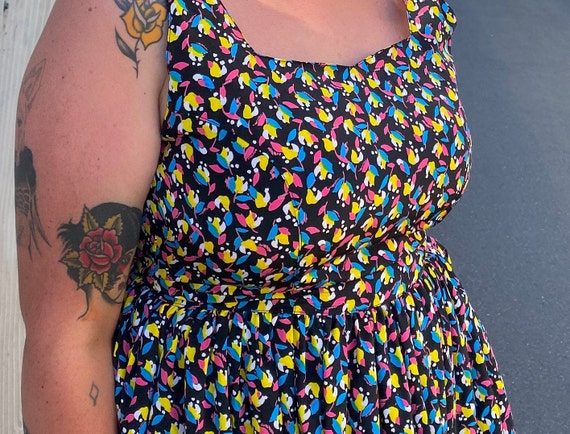 80s black dress with hot pink, yellow, blue and w… - image 5