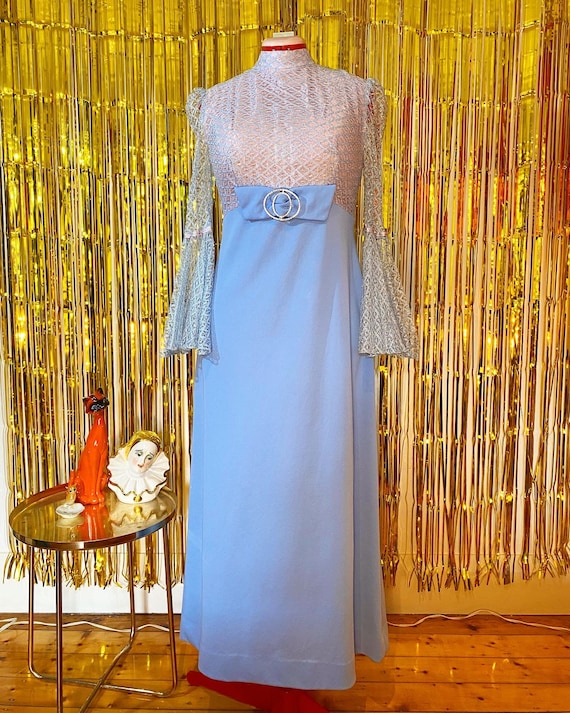 Amazing 70s Sparkly Blue and Pink Dress With Bell… - image 1