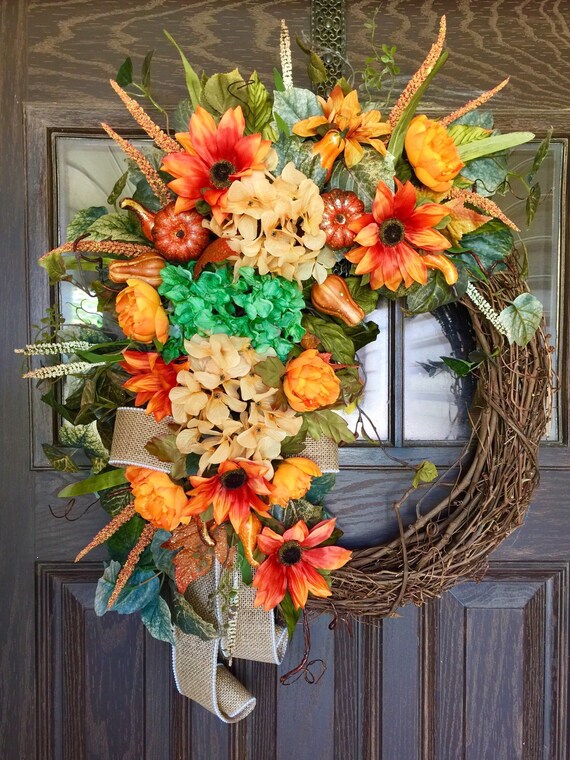 Etsy Thanksgiving Wreath Fall Flowers Grapevine Wreath Etsy