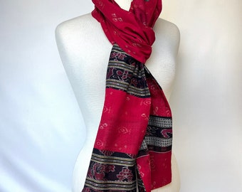 India Lightweight Sari Cotton Pieced Scarf in Red w/ Black accent