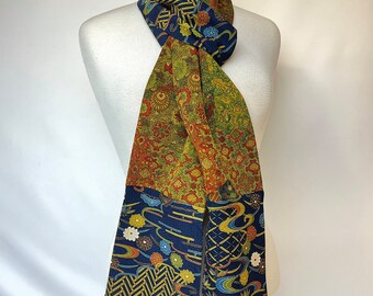 Vintage Kimono Silk Pieced Scarf in Navy Blue/Olive/Rust